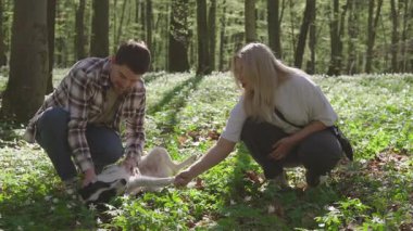 Genç ve neşeli bir çift ormanda melez köpekleriyle oynuyorlar.