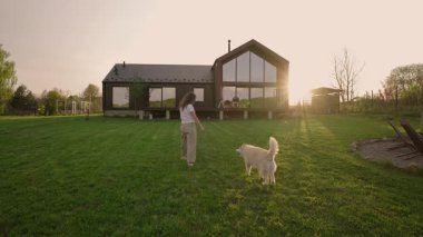 Günbatımında kırsalda yeni biçilmiş bir çimenlikte Sibirya köpeğiyle oynayan bir kadın.