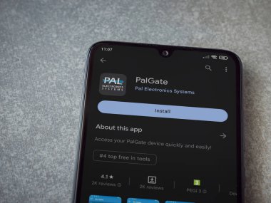 Lod, Israel - July 16,2023: PalGate app play store page on smartphone on ceramic stone background. Top view flat lay with copy space.