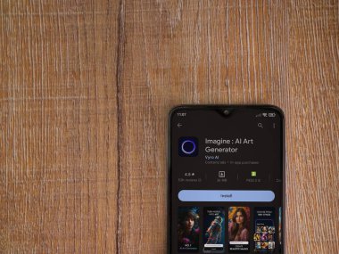 Lod, Israel - July 16,2023: Imagine - AI Art Generator app play store page on smartphone on wooden background.. Top view flat lay with copy space.