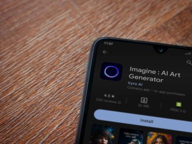 Lod, Israel - July 16,2023: Imagine - AI Art Generator app play store page on smartphone on wooden background.. Top view flat lay with copy space.