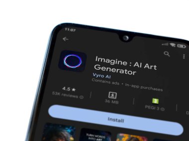 Lod, Israel - July 16,2023: Imagine - AI Art Generator app play store page on smartphone on white background.. Top view flat lay with copy space.