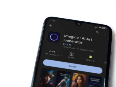 Lod, Israel - July 16,2023: Imagine - AI Art Generator app play store page on smartphone on white background.. Top view flat lay with copy space.