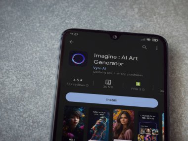 Lod, Israel - July 16,2023: Imagine - AI Art Generator app play store page on smartphone on ceramic stone background.. Top view flat lay with copy space.
