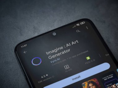 Lod, Israel - July 16,2023: Imagine - AI Art Generator app play store page on smartphone on a dark marble stone background. Top view flat lay with copy space.