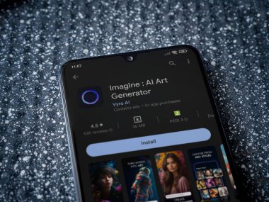 Lod, Israel - July 16,2023: Imagine - AI Art Generator app play store page on smartphone on a metallic background. Close up top view flat lay.