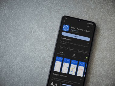Lod, Israel - July 16,2023: Fing app play store page on smartphone on ceramic stone background. Top view flat lay with copy space.