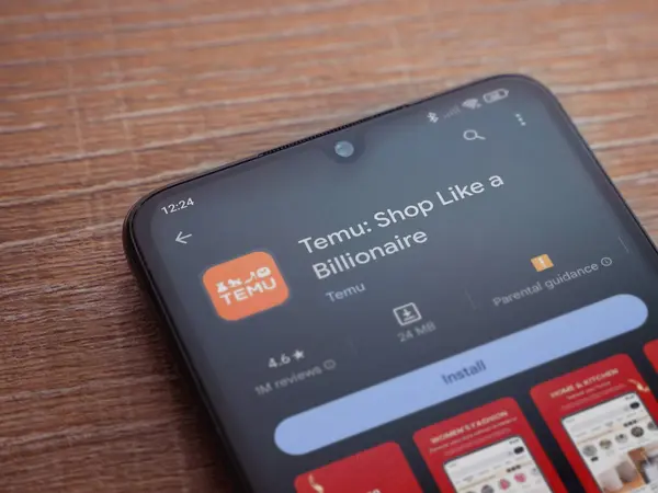 ロッジ イスラエル 2023 Temuアプリは木の背景にスマートフォンのストアページを再生します コピースペース付きトップビューフラットレイ ストックフォト