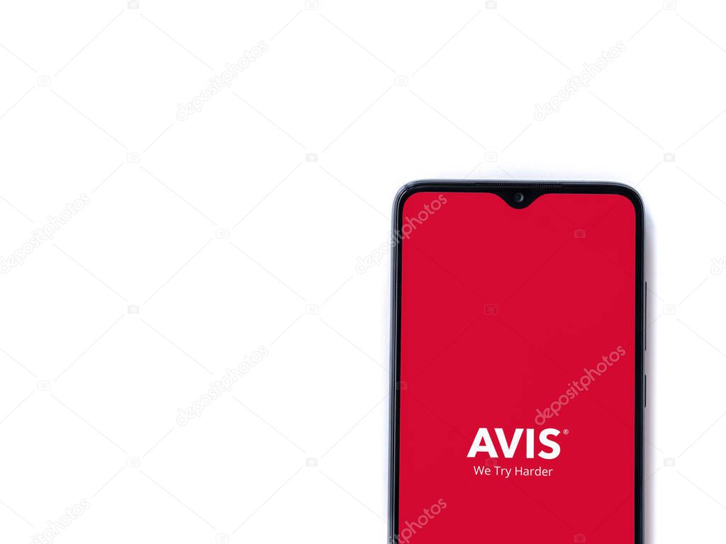 Lod, Israel - July 16,2023: Avis IL app launch screen on smartphone on white background. Top view flat lay with copy space.
