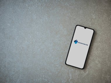Lod, Israel - 16 Temmuz 2023: Seramik taş zemin üzerinde akıllı telefondan Blockchain.com uygulama başlatma ekranı. Üst görünüm düzlüğü kopyalama alanı ile yatıyordu.