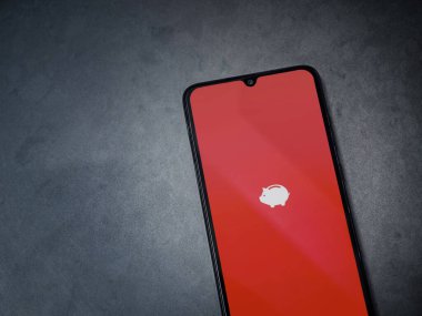 Lod, Israel - 16 Temmuz 2023: Para Yöneticisi & Bütçe uygulama ekranı kara mermer taşlı arka planda akıllı telefon. Üst görünüm düzlüğü kopyalama alanı ile yatıyordu.