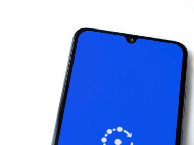 Lod, Israel - 16 Temmuz 2023: Beyaz arka planda akıllı telefondan uygulama başlatma ekranı. Üst görünüm düzlüğü kopyalama alanı ile yatıyordu.