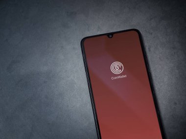 Lod, Israel - 16 Temmuz 2023: Cüzdan uygulaması koyu mermer taşlı arka planda akıllı telefondan çalıştırma ekranı. Üst görünüm düzlüğü kopyalama alanı ile yatıyordu.