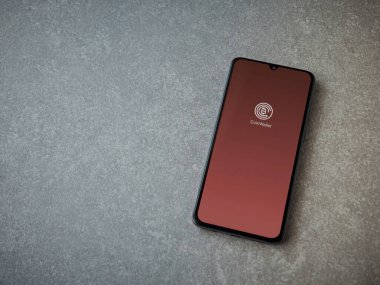 Lod, Israel - 16 Temmuz 2023: Cüzdan uygulaması seramik taş zemin üzerinde akıllı telefon fırlatma ekranı. Üst görünüm düzlüğü kopyalama alanı ile yatıyordu.