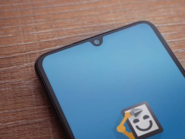 Lod, Israel - 16 Temmuz 2023: Ahşap arka planda akıllı telefondan uygulama başlatma ekranı. Üst görünüm düzlüğü kopyalama alanı ile yatıyordu.