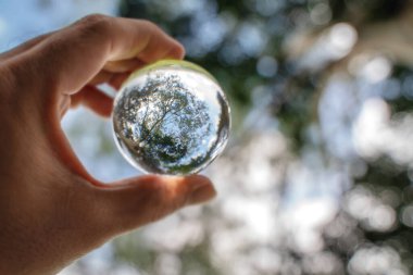 Bulanık arkaplanı olan kristal küreyi tut