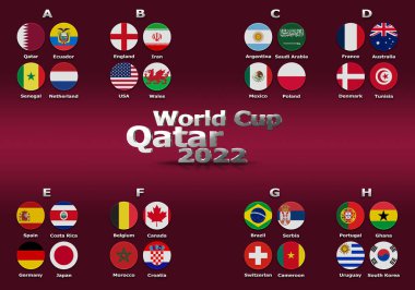 3d illustration groups of World Cup Qatar 2022 championship. All 32 qualifying countries. On the background of the flag of Qatar.