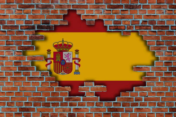 Flagge Von Spanien Hinter Dem Gebrochenen Hintergrund Der Alten Steinmauer — Stockfoto