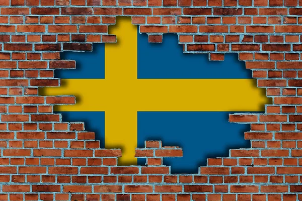 Flaga Szwecji Rozbitym Starym Kamiennym Tłem Ściany — Zdjęcie stockowe