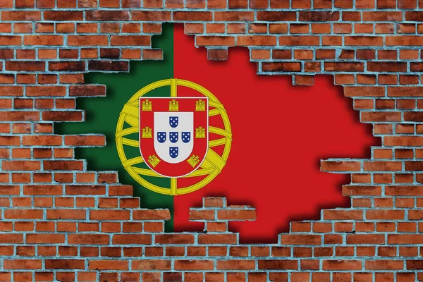 Flagge Von Portugal Hinter Dem Zerbrochenen Hintergrund Der Alten Steinmauer — Stockfoto