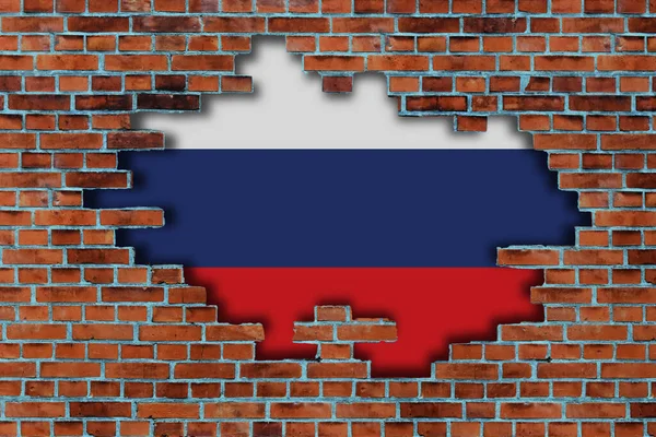 Vlag Van Rusland Achter Gebroken Oude Stenen Muur Achtergrond — Stockfoto