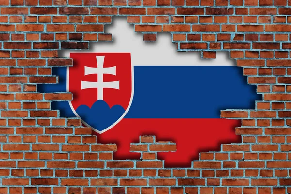 在破碎的旧石墙后面挂着斯洛伐克的3D国旗 — 图库照片