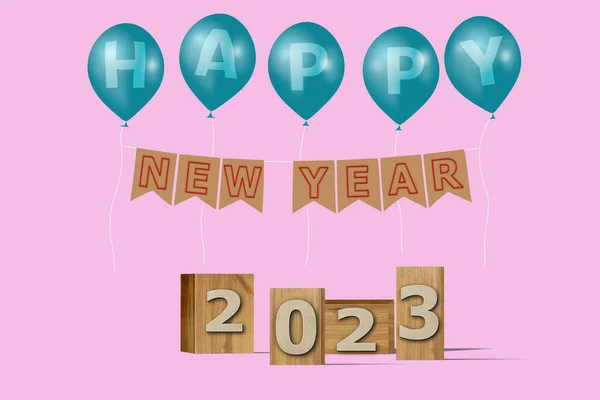 Illustration Neujahrskonzept 2023 Mit Text Auf Der Holzkiste Und Luftballons — Stockfoto
