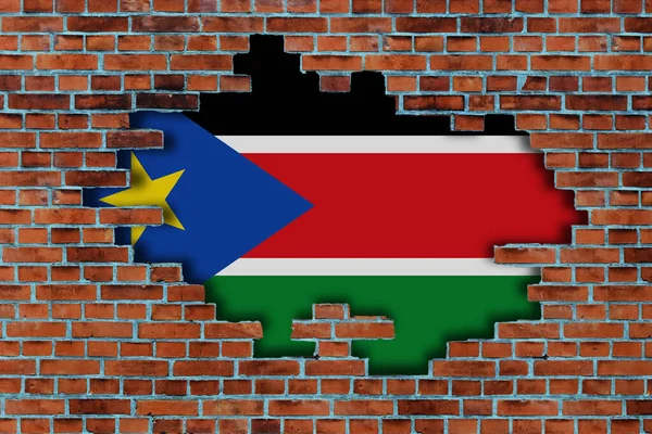 Flagga Sydsudan Bakom Den Trasiga Gamla Stenmur Bakgrund — Stockfoto