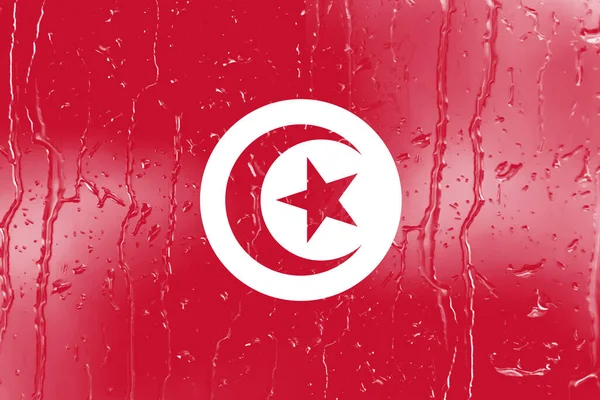 Flagge Von Tunesien Auf Glas Mit Wassertropfen Hintergrund — Stockfoto