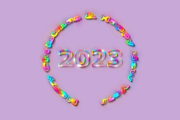 3Dイラスト新年のコンセプト紫色のバラ色の背景にテキストグローの虹のデザイン2023デザイン — ストック写真