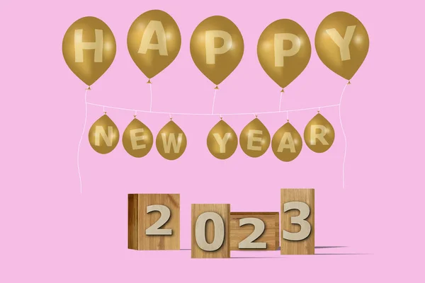 Illustration Neujahrskonzept 2023 Mit Text Auf Der Holzkiste Und Luftballons — Stockfoto