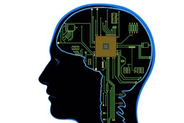 Elektronik siber uzayda insan beyni formunda elektronik çipin 3 boyutlu çizimi. Beyinde yapay zeka.