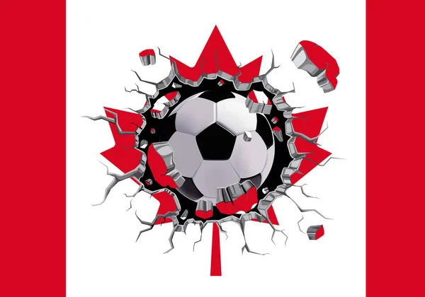 三维足球穿越墙壁 附有加拿大国旗图案 — 图库照片
