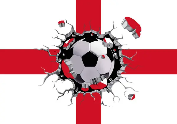 Futebol Através Parede Com Padrão Bandeira Inglaterra Anexado — Fotografia de Stock
