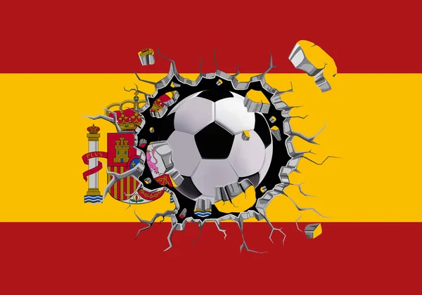 Fotboll Genom Väggen Med Spanien Flagga Mönster Bifogas — Stockfoto