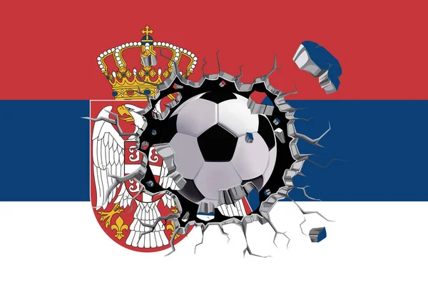 Futebol Através Parede Com Padrão Bandeira Sérvia Anexado — Fotografia de Stock