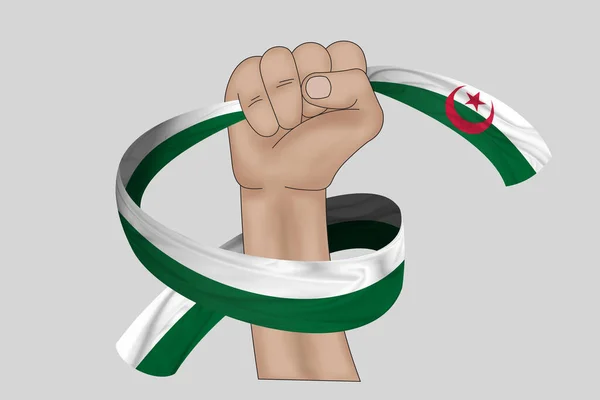 Illustration Hand Hält Flagge Von Algerien Auf Einem Stoffband Hintergrund — Stockfoto