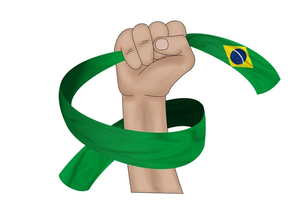 Illustration Hand Holding Flag Brazil Fabric Ribbon Background — Stock Photo, Image