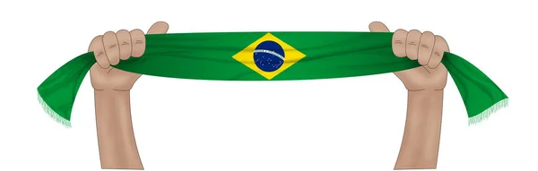Illustration Hand Holding Flag Brazil Fabric Ribbon Background — Stock Photo, Image