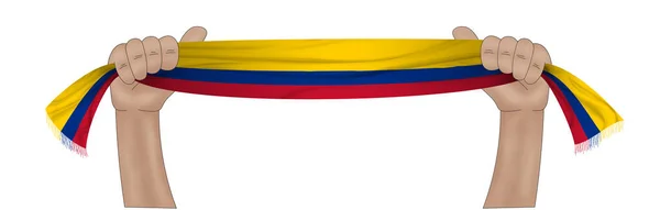 Illustrazione Mano Che Tiene Bandiera Della Colombia Uno Sfondo Nastro — Foto Stock