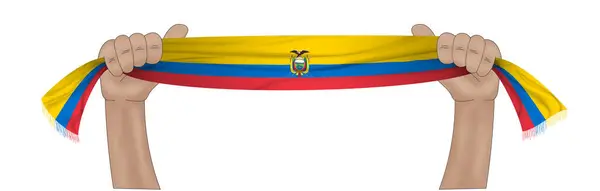 Illustrazione Mano Che Tiene Bandiera Dell Ecuador Uno Sfondo Nastro — Foto Stock