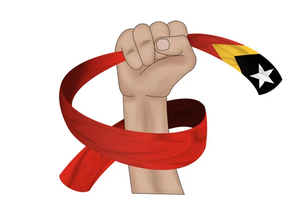 Illusztráció Kézfogás Zászló Kelet Timor Egy Szövet Szalag Háttér — Stock Fotó