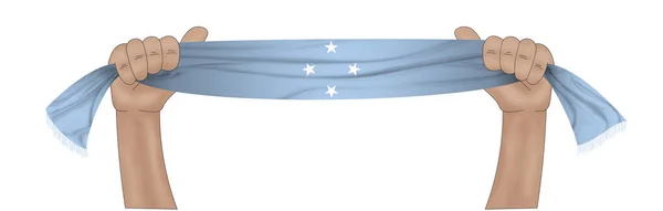 3D插图 在面料丝带背景上手持密克罗尼西亚联邦国旗 — 图库照片