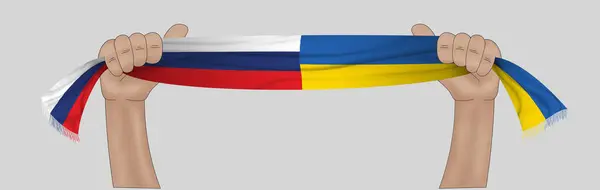 Illustration Hand Innehav Flagga Ryssland Och Ukraina Tyg Band Bakgrund — Stockfoto