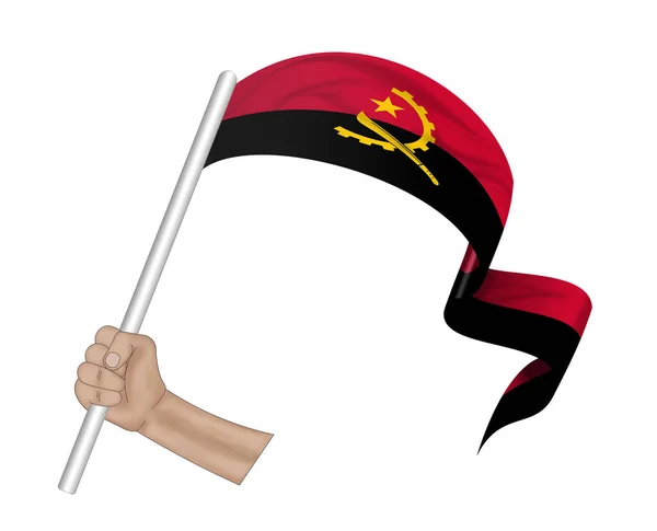 Illustration Hand Hält Flagge Von Angola Auf Einem Stoffband Hintergrund — Stockfoto