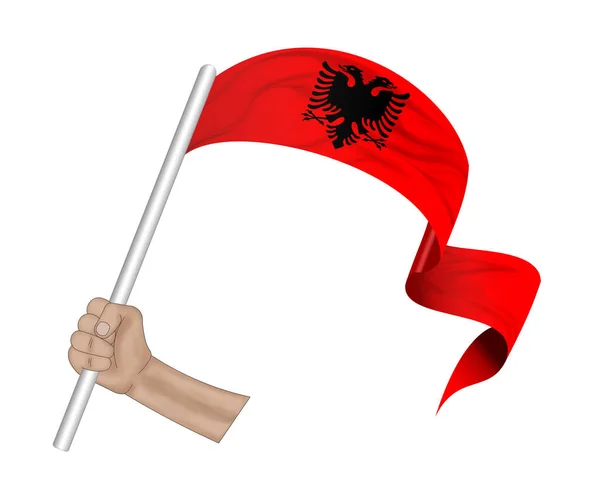 Illustration Hand Hält Flagge Von Albanien Auf Einem Stoffband Hintergrund — Stockfoto