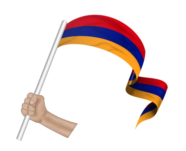 3Dイラスト 生地のリボンの背景にアルメニアの旗を保持する手 — ストック写真