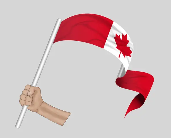 3Dイラスト 生地のリボンの背景にカナダの旗を保持する手 — ストック写真