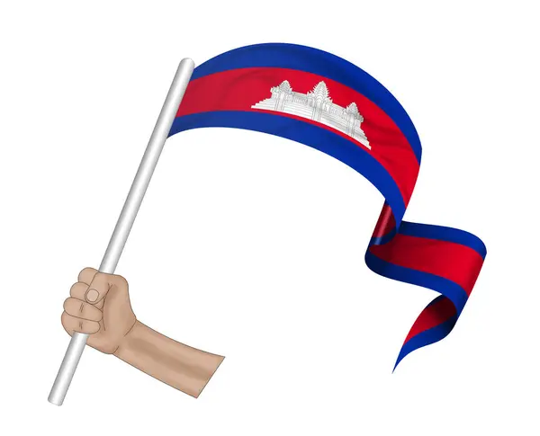 Illustration Hand Innehav Flagga Kambodja Tyg Band Bakgrund — Stockfoto