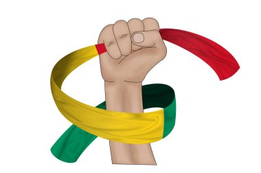 Üç boyutlu illüstrasyon. Kumaş bir arka planda Gine bayrağının el ele tutuşması.